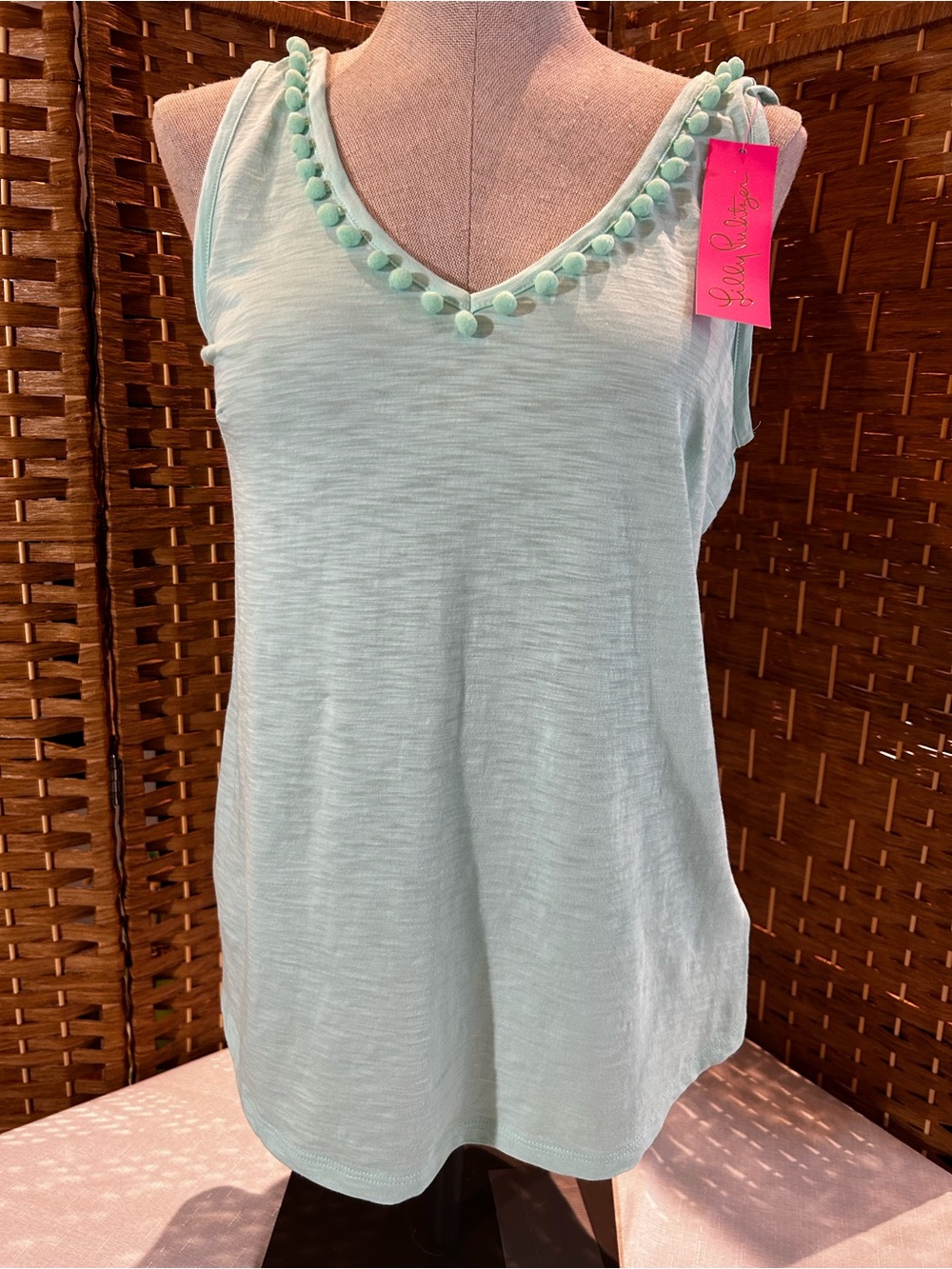 NWT Lilly Pulitzer Gigi Aqua Pom Pom Trim Tank Top Resort Coastal Preppy S